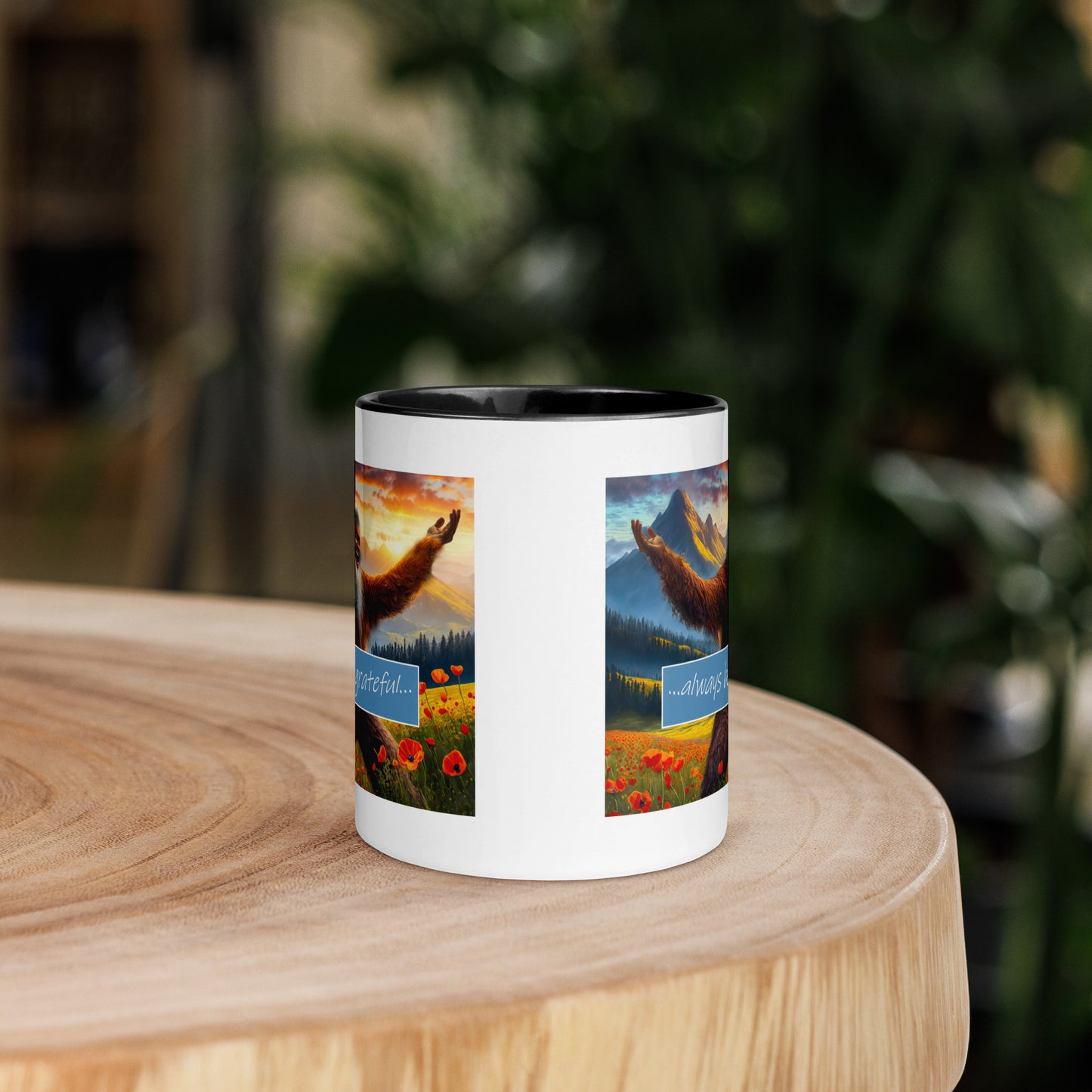 Always Be Grateful!!! Joyous Sasquatch In the Meadows and Mountains Ceramic Coffee Mug