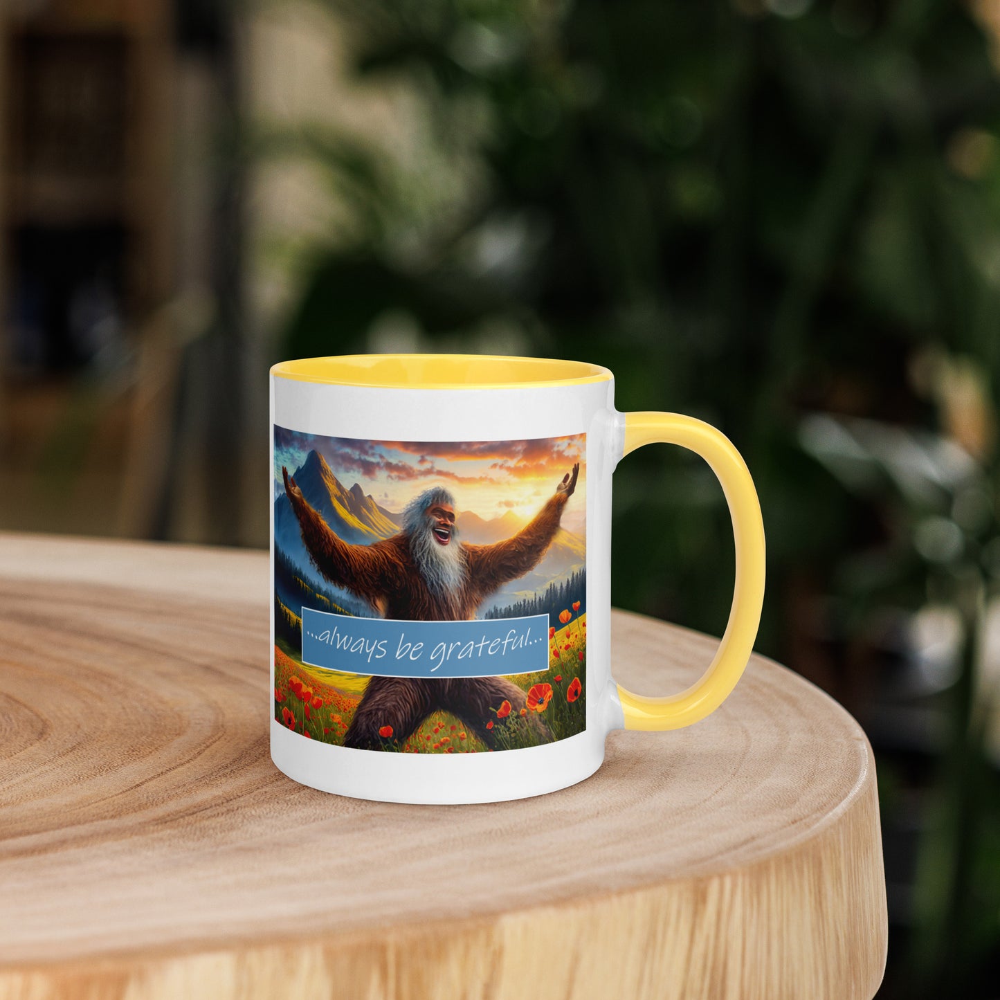 Always Be Grateful!!! Joyous Sasquatch In the Meadows and Mountains Ceramic Coffee Mug